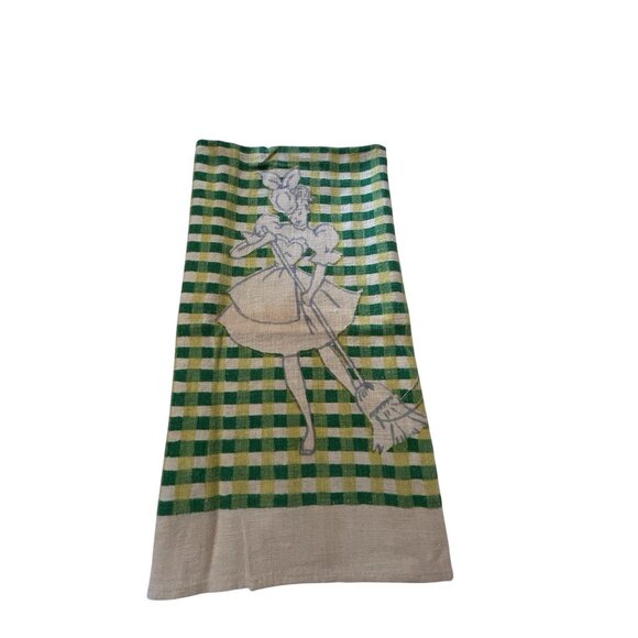 Vintage STARTEX Kitchen Towel MCM Whimsical Housewife Green Yellow Checker - Picture 4 of 8